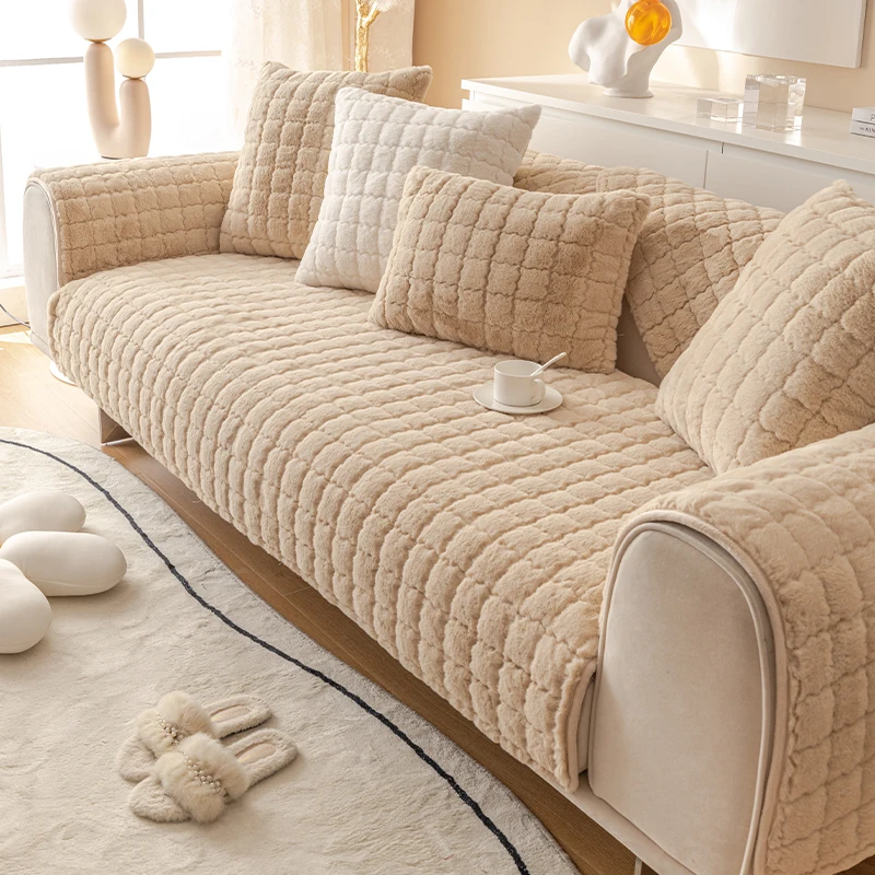 Modern Minimalist Winter Style Sofa Cushion Non-Slip Plush Milk Velvet  Petting Pure Color Cover Scarf Warmth Storage Bag
