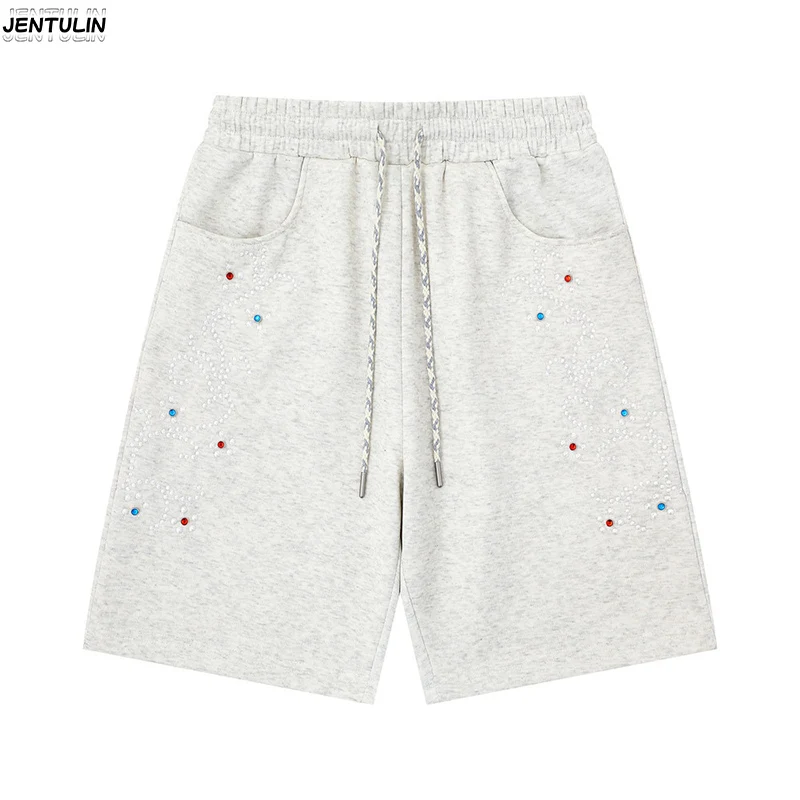 Harajuku Hot Diamond Embroidered Casual Shorts Summer Men's Vibe Fashion Hip Hop Trendy Sports Loose Pentagram Pants For Men Y2k
