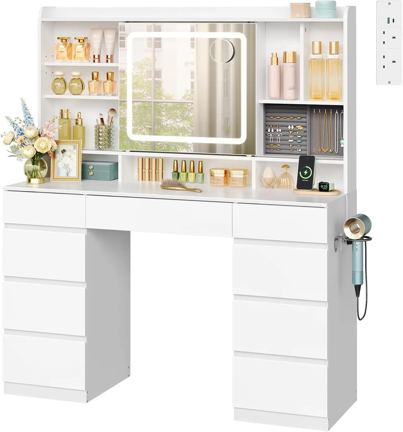 WOLTU Makeup Vanity Dressing Table with Adjustable LED Lighting and Socket Dressing Table with 9 Drawer and Sliding Mirror Dressers for Bedroom