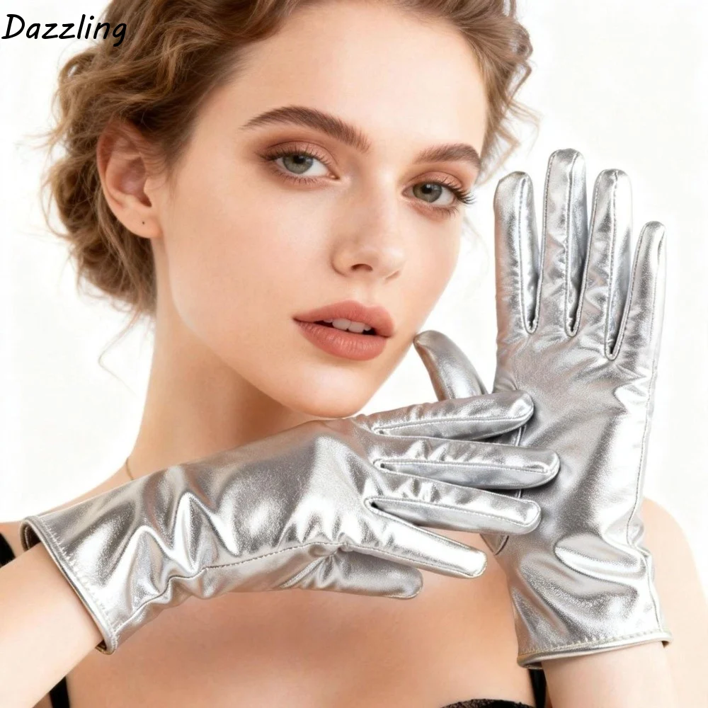 Fashion Solid Color Patent Leather Gloves Elastic Cloth Short Gloves Lolita Shiny Women Mittens Dance Stage Performance