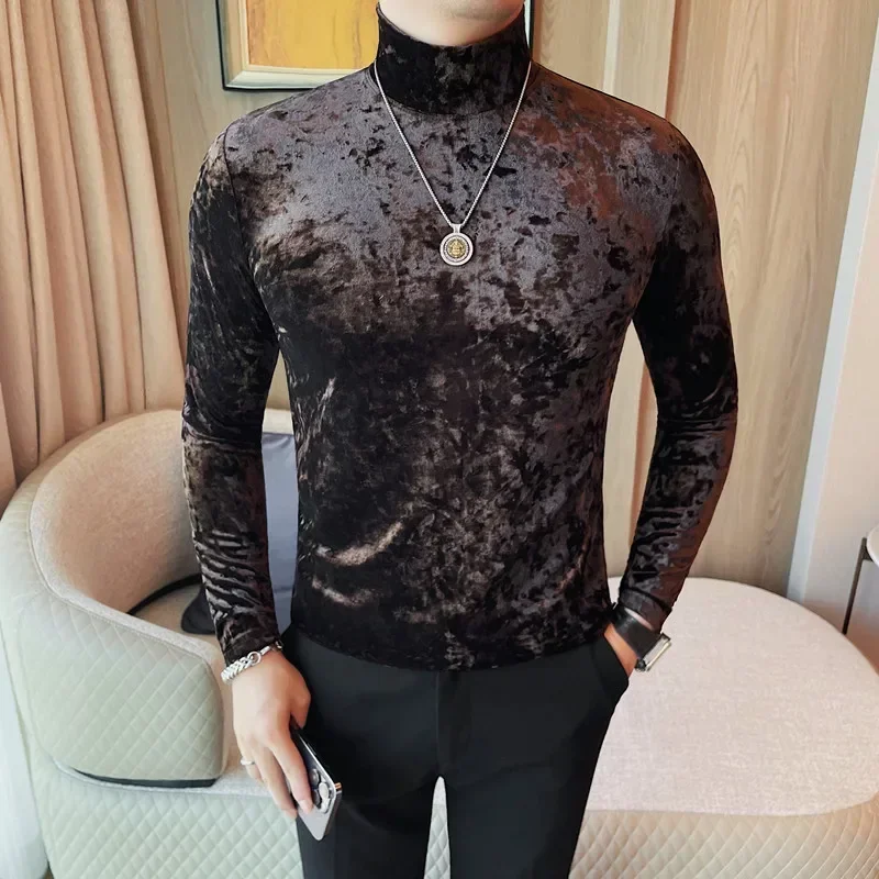 Autumn Winter New Velvet Half High Neck T-Shirt Korean Luxury Men\'s Slim Fit Solid Color Casual Long Sleeve Tee Men Clothing 4XL