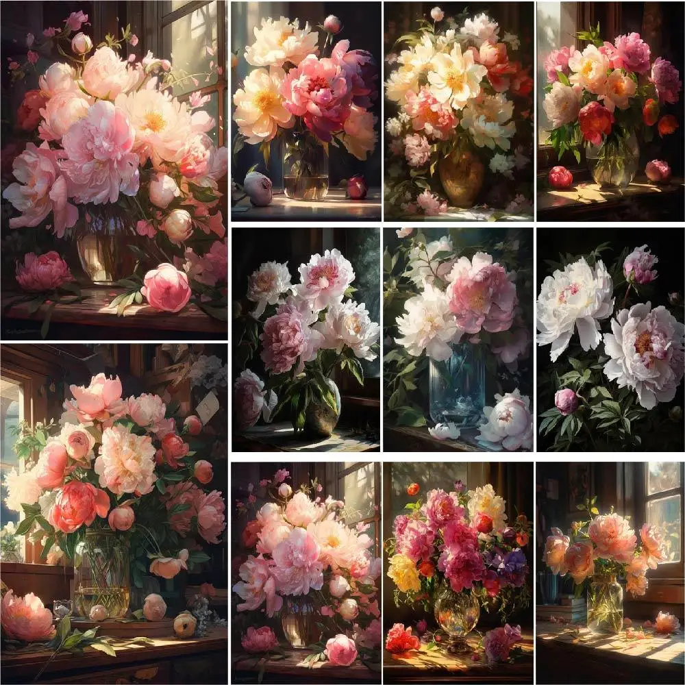 Diy Handiwork Oil Painting By Numbers Modular Picture for Coloring Acrylic Paint With Number Home Decor Wall Art Peony Flowers