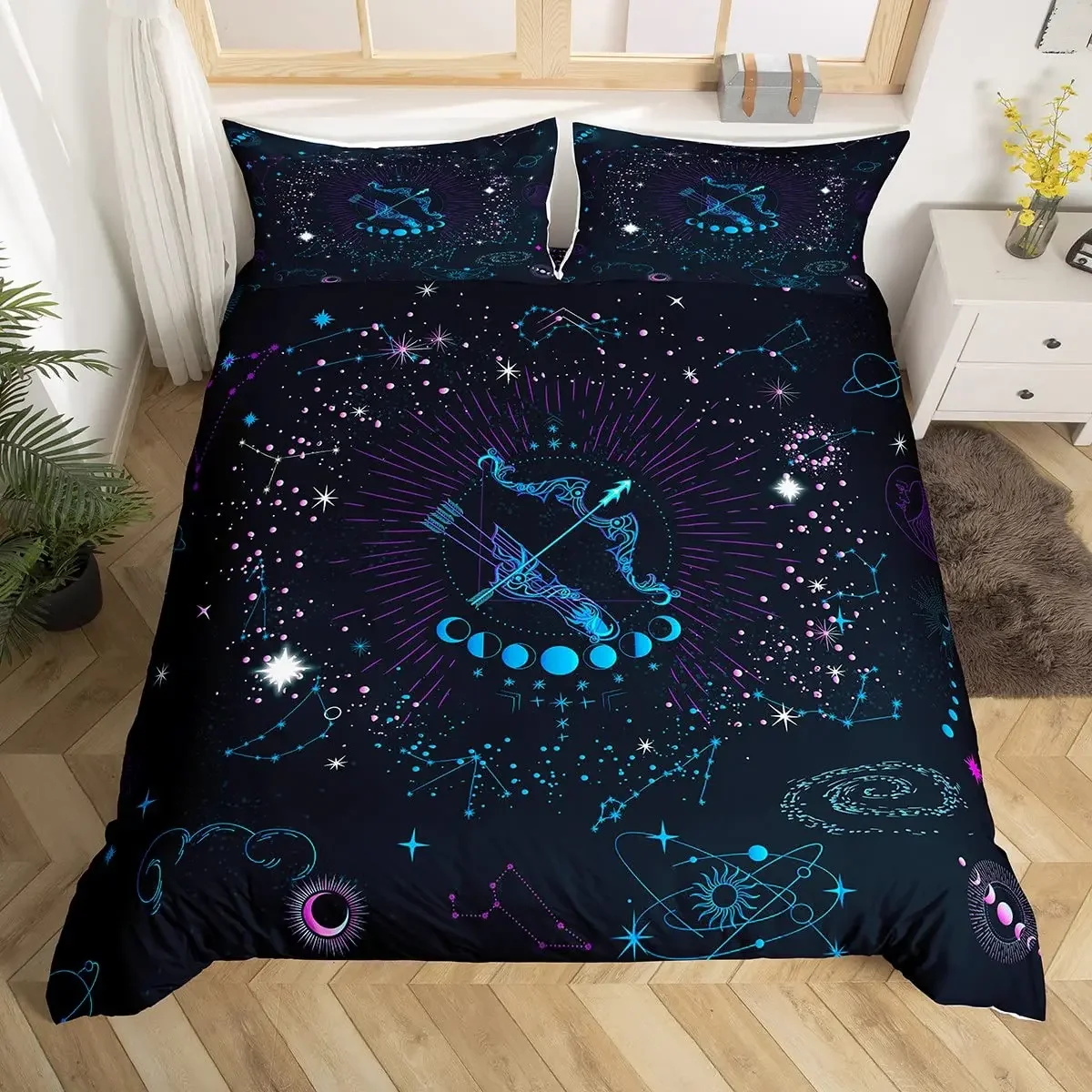 Constellation Duvet Cover Set Twin Mysterious Zodiac Comforter Cover Starry Sky Galaxy Bedding Set Blue Rose Flowers Quilt Cover