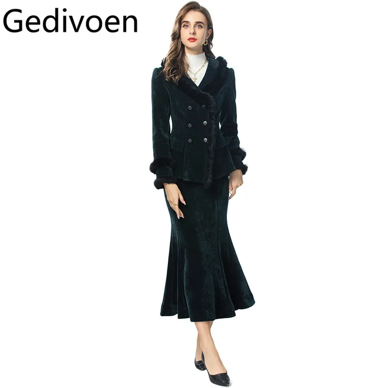 Gedivoen Autumn Winter Women's Suit Notched Double-Breasted Tops+Slim-Fit Hip Wrap Mermaid Skirt 2 piece set