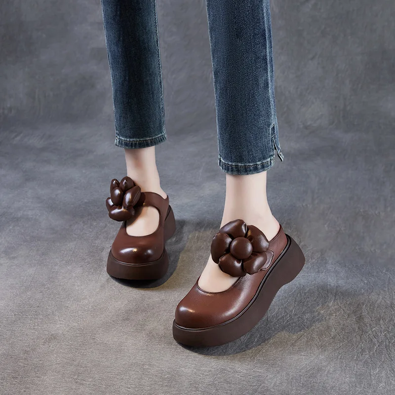 انفصال زهرة رئيس جلد طبيعي كعب سميك النعال المرأة الصيف نمط جديد صنادل أرضية أحذية مريحة الانزلاق على