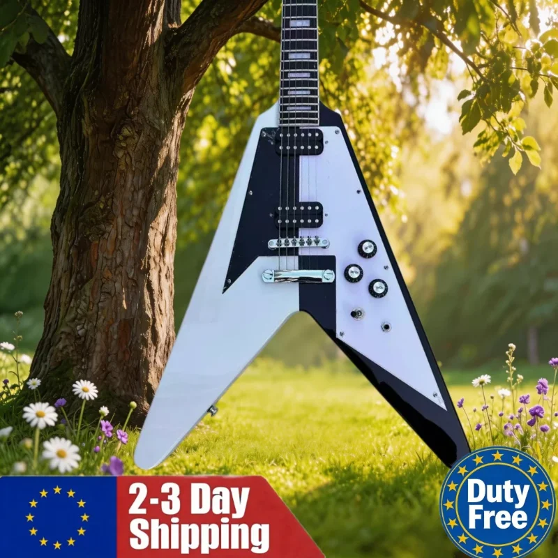 Duits magazijn Zwart-witte V-vormige gitaar Eenvoudig en mooi ontwerp Geschikt voor rockstijl