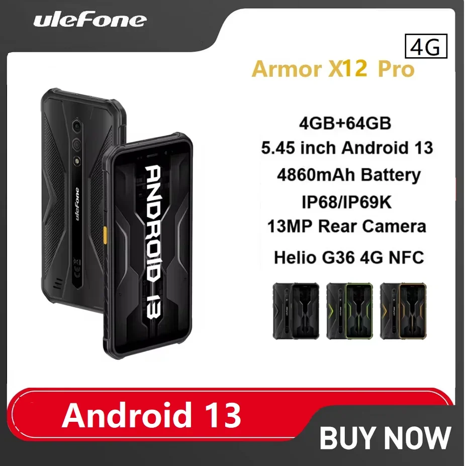 Ulefone Armor X12 Pro 4G Rugged Smartphone Android 13 Octa Core 5.45 Inch 4GB+64GB 4860mAh,Mobile Phone,10W, Cell Phones NFC