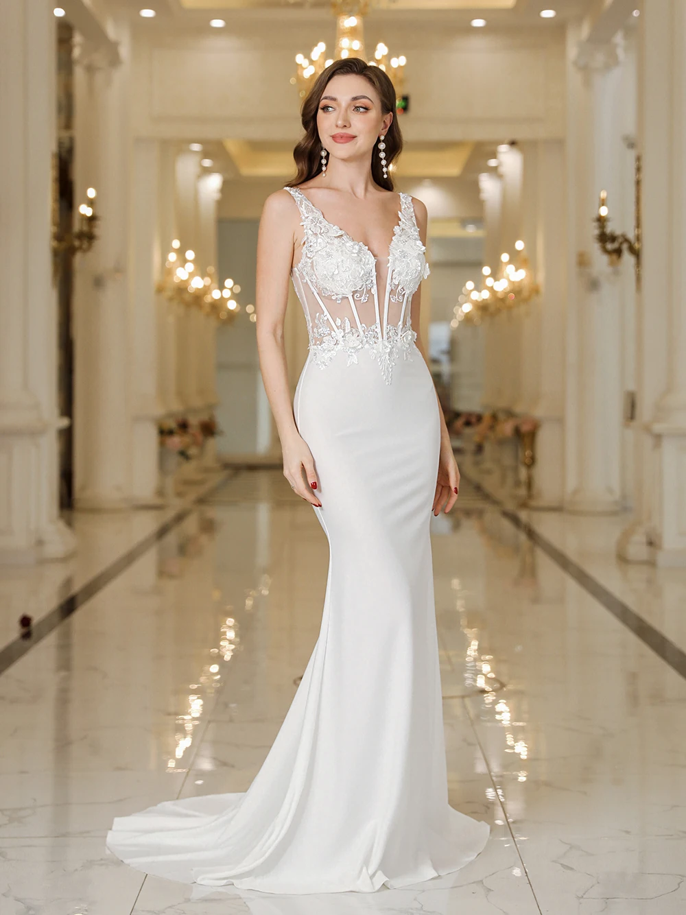 FATAPAESE vestido de novia blanco con cuentas, encaje Floral, cuello en V, sin mangas, Apliques de encaje, largo hasta el suelo, tren de barrido de sirena