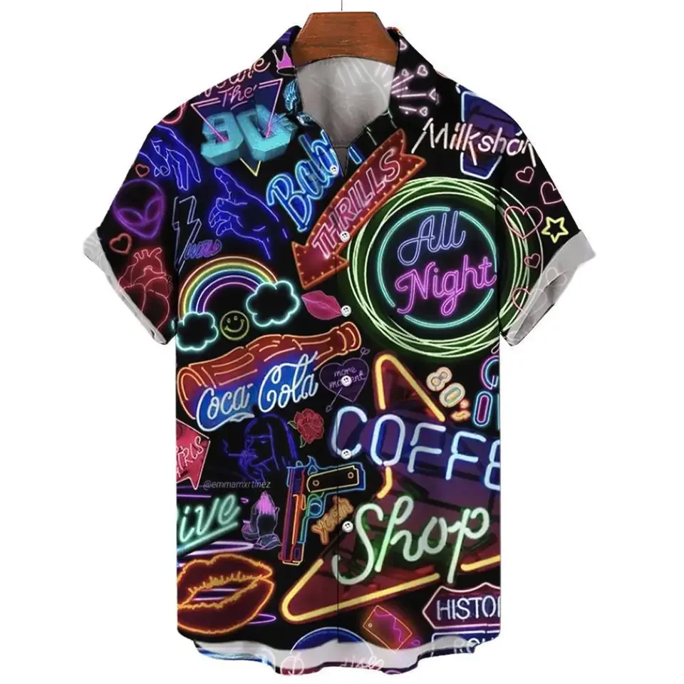 Men's Hawaiian Fun Letter Trend 3D Digital Print Lapel Short Sleeve Shirt Fashion Beach