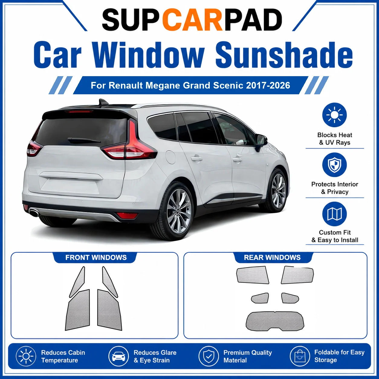 For Renault - Renault Megane Grand Scenic 2017-2026 Full Set Car Window Sunshades UV Block Privacy Heat Insulated Foldable Car C