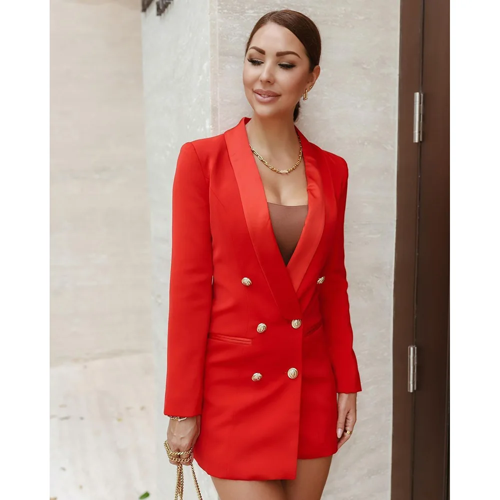 

Elegant Red Double Breasted Shawl Lapel Women Blazer 1 Piece Slim Fit Above Knee Jacket Office Lady Office Work Suits Costume