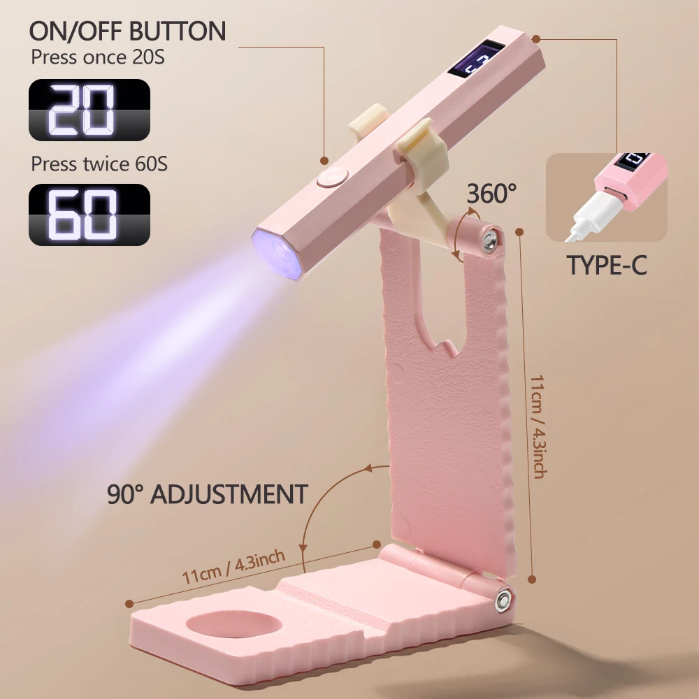 Mini UV Nail Light - Timers & Adjustable Stand Handheld Nail Lamp for Gel Nails Rechargeable Nail Dryer Flash Curing for Glue
