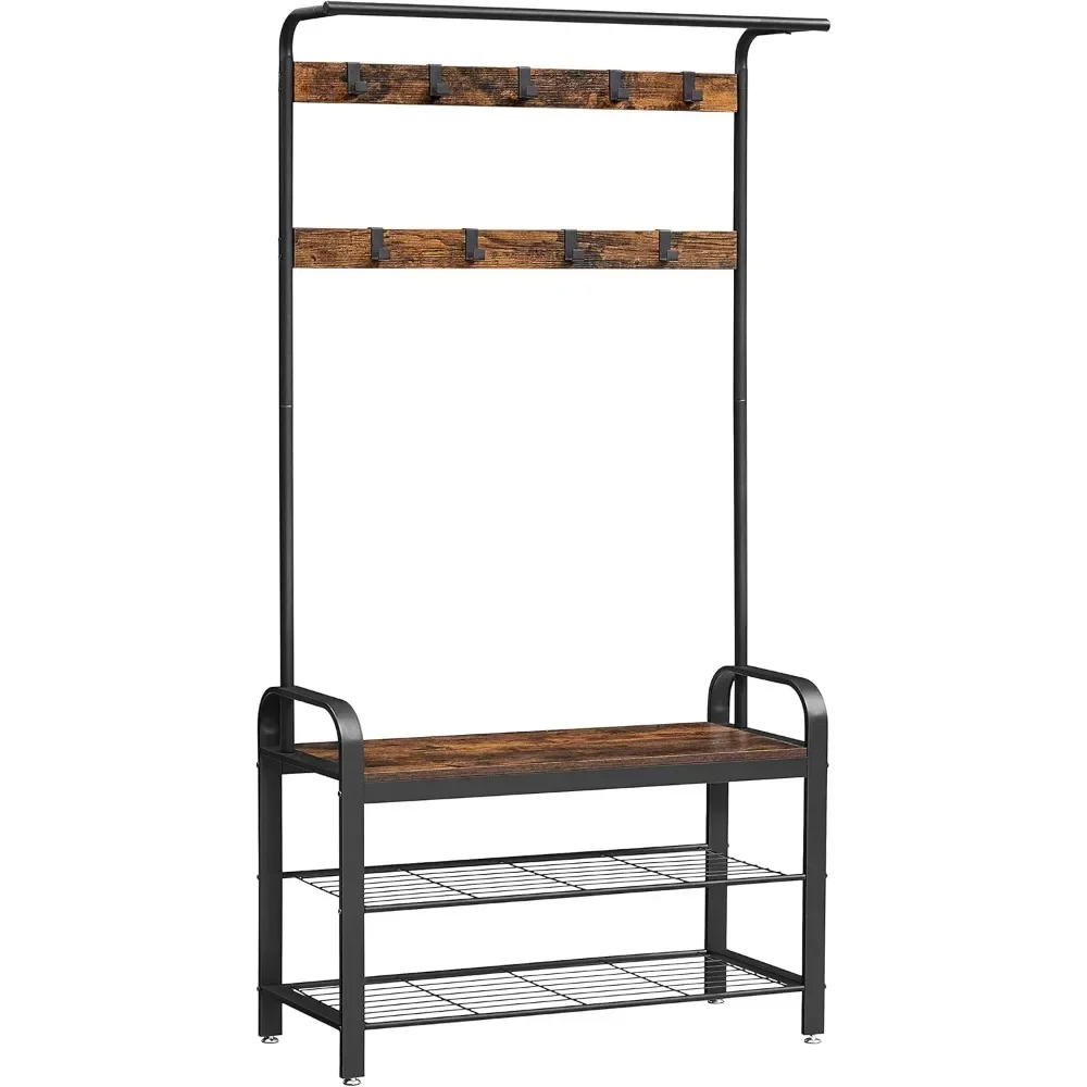 Entryway Bench with Coat Rack, 4-in-1, with 9 Removable Hooks, a Hanging Rod, 13.3 x 33.1 x 72.1 Inches