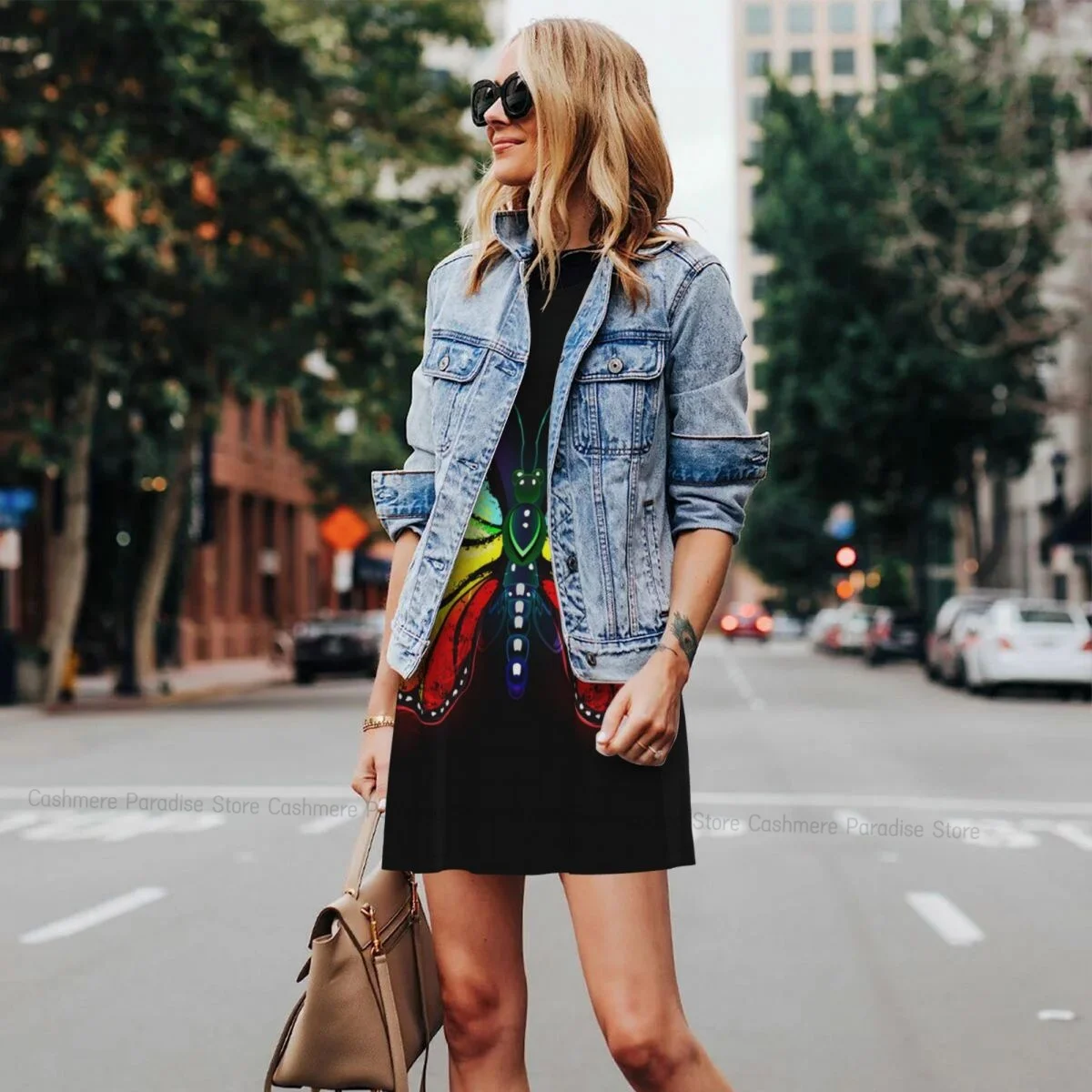 ชุดเดรสสตรีสายรุ้งฤดูร้อนชุดลําลองเสื้อยืดชายหาดชุดเดรสถัง