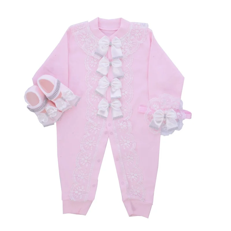 Newborn Baby Footed Romper 0-9 Months 3Pcs Baby Pink White Satin Bow Rhinestone Lace Trim Long Sleeve Jumpsuit Princess Boutique