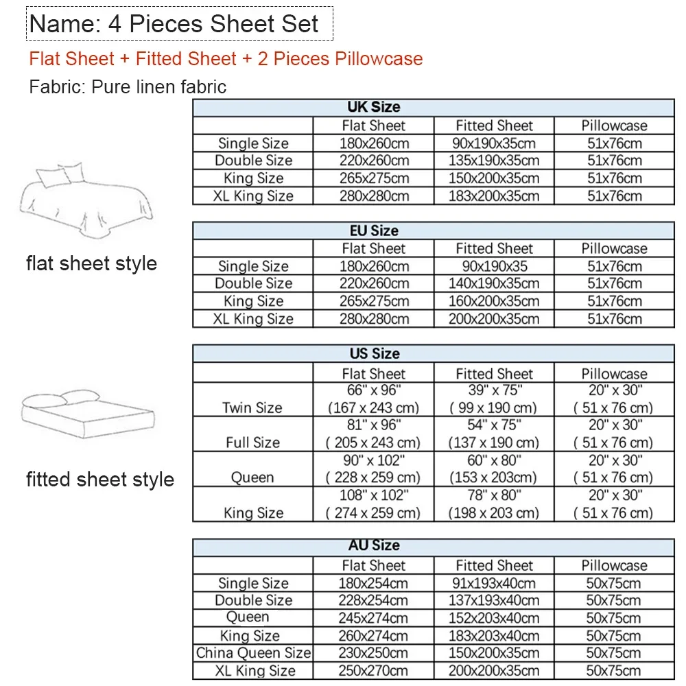 Комплект постельного белья из 4 предметов, постельное белье из 100% чистого льна, 1 Плоская простыня, 1 простыня с глубоким карманом, 2 Наволочки, Набор льняных простыней, Комплект постельного белья