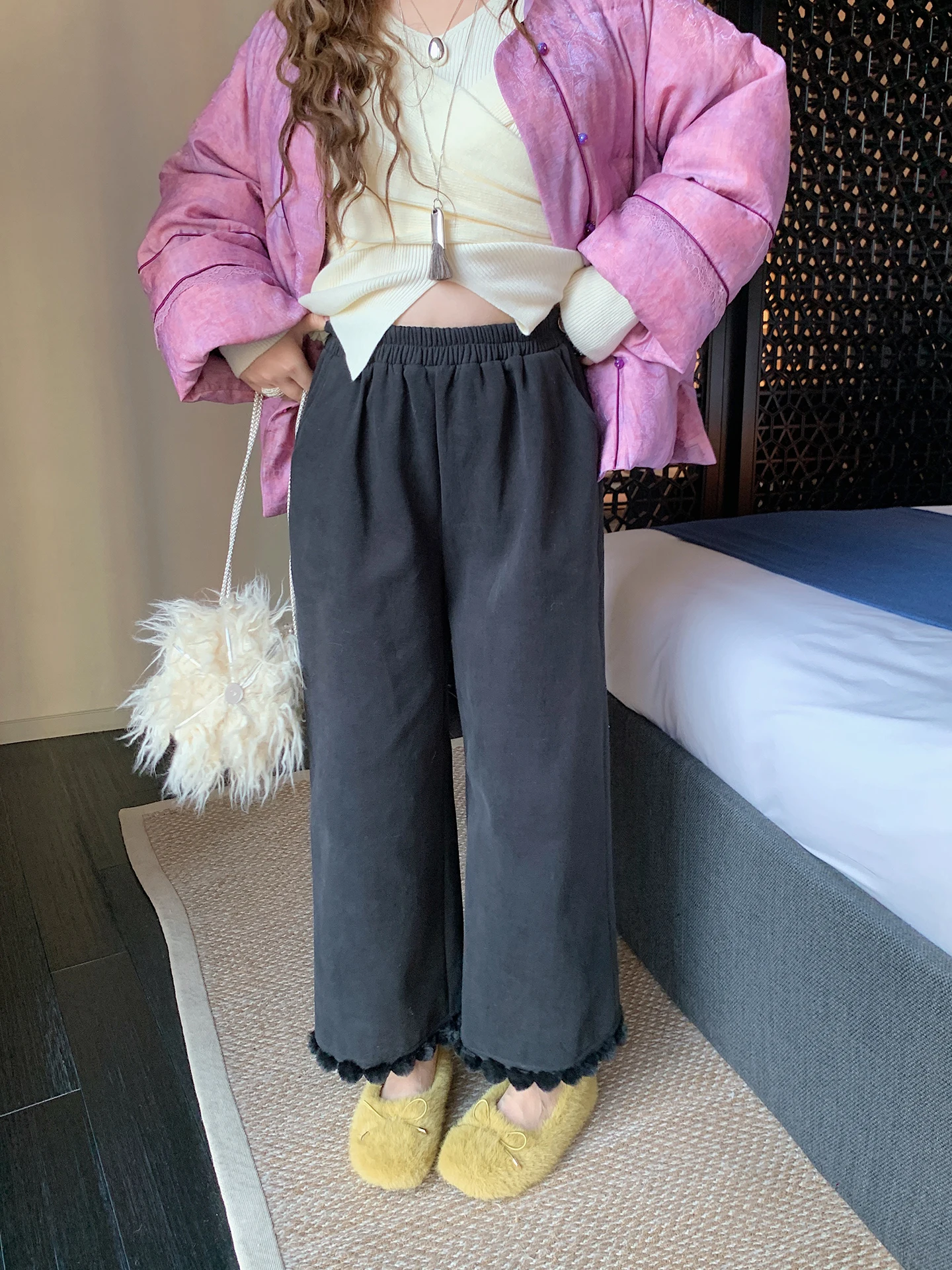 

Thickened Fleece Lined Casual Pants Women's Nine Points Winter plus Size Big MM Pants Elastic Waist Cotton 100% Leisure Trousers