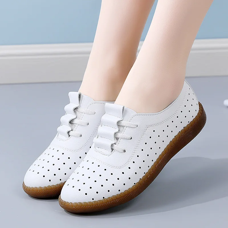 

Soft Bottom Cowhide Spring Summer Breathable Casual Loafers Hollow out Anti-Slip Comfortable Maternity Flat Shoes