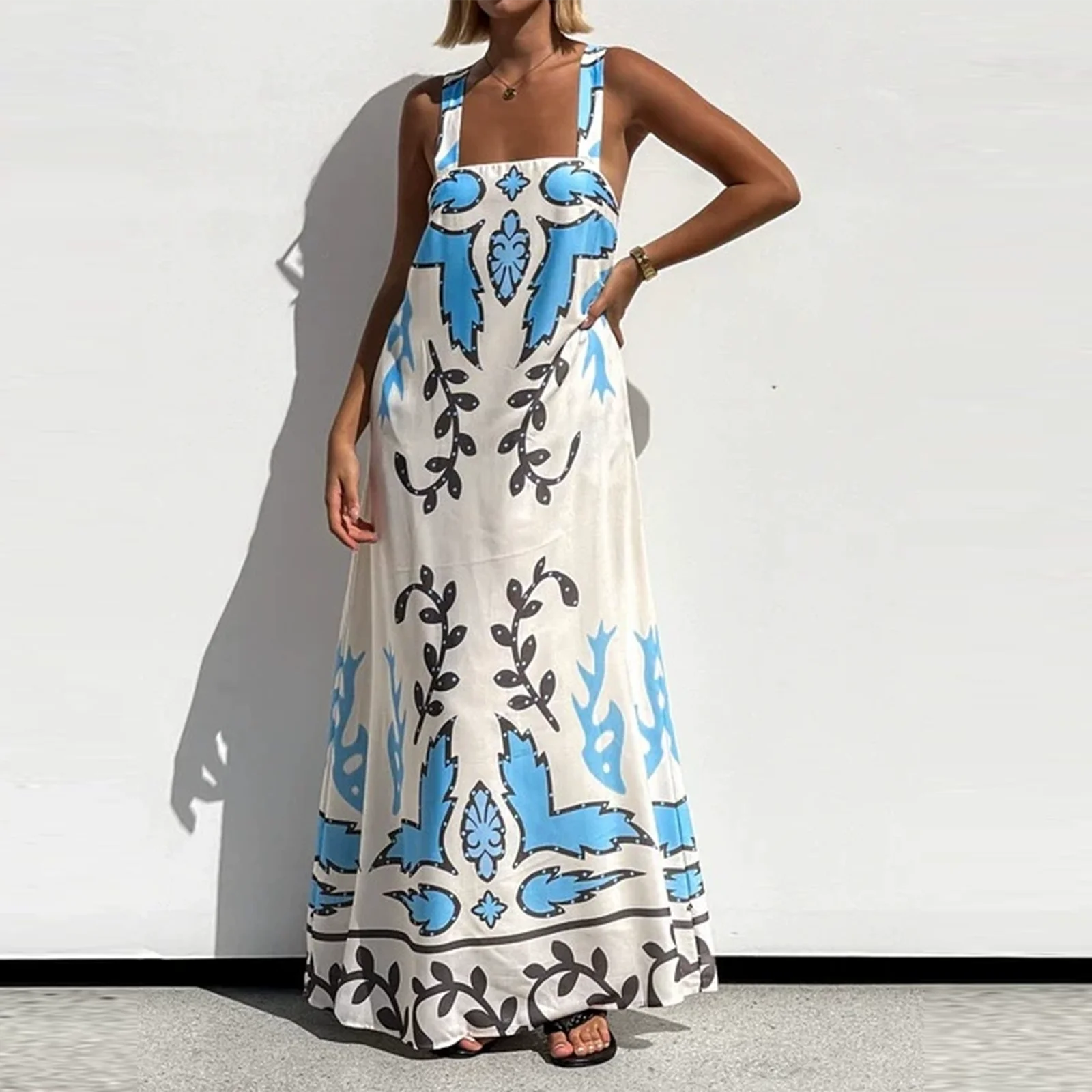 ใหม่สตรีฤดูร้อนยาว Cami ชุดเดรสแขนกุดสแควร์คอหลวม Floral Beach Dresses ขายร้อน S M L