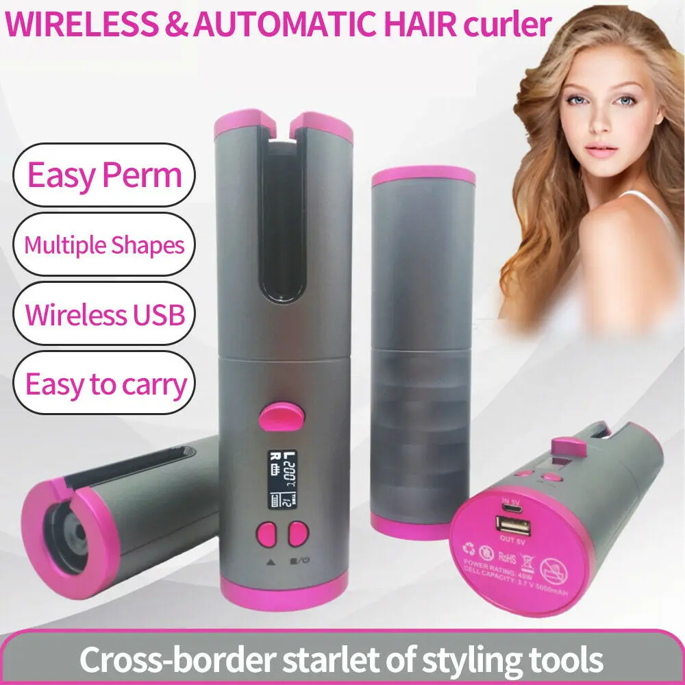 Automatic Wireless Hair Curler Cordless Rotating USB Rechargeable Curling Iron Display Temperature Adjustable Timing Hair Curler