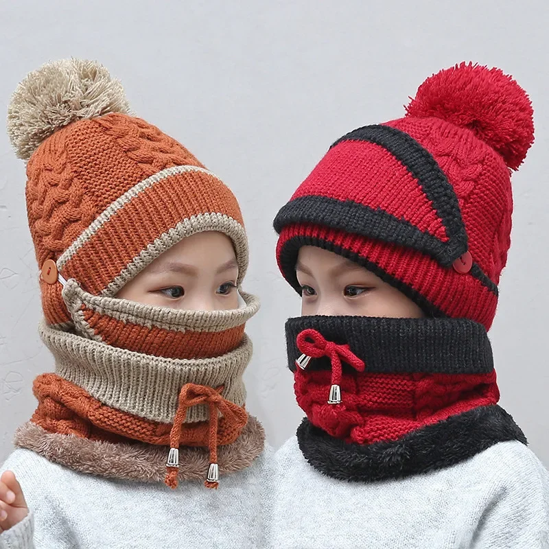 Two-piece suit Winter Knitted Beanie Hat Mouth Neck Warmer Set for Girls Boys Kids, Warm Fleece Lined Ski Caps with Pompom