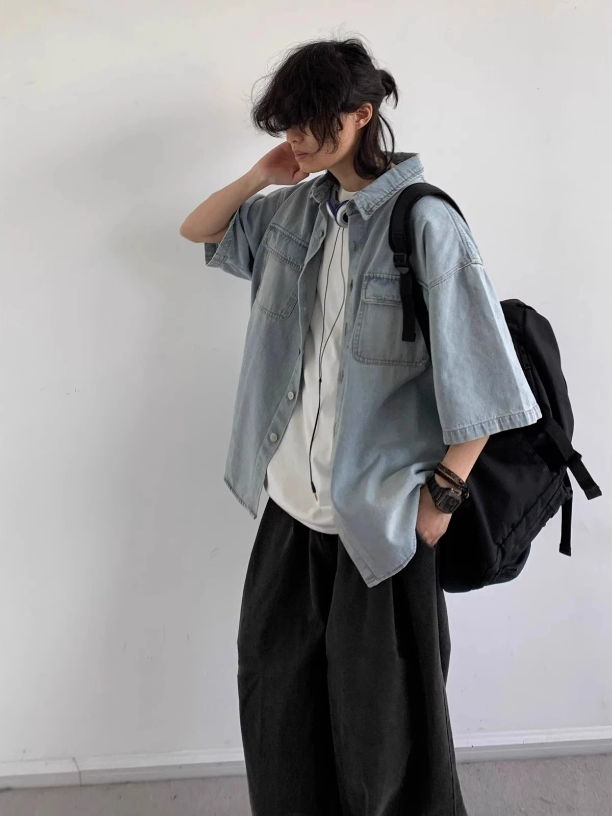 

Retro Waed Distred Denim ort Sve irt Men Summer Trend Loose Workwear Casual Haome Button up irt