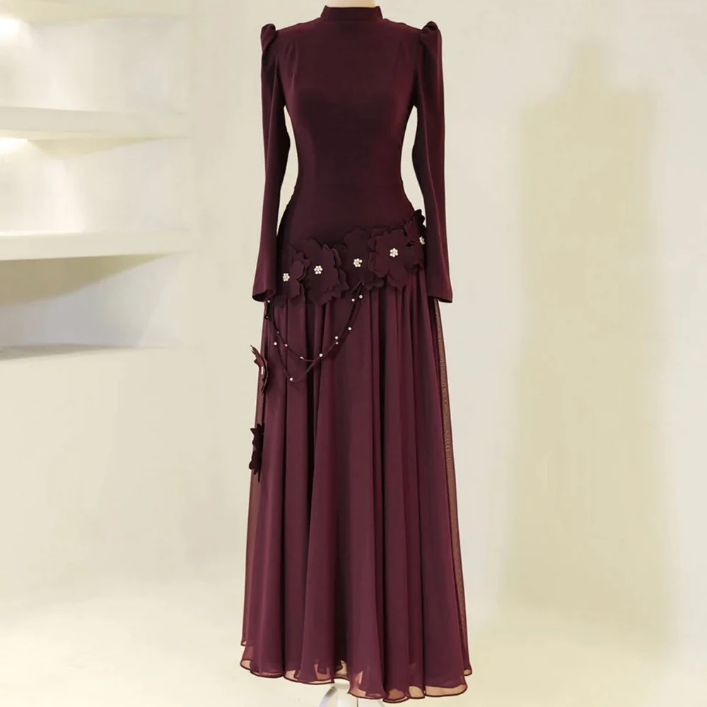 

Вечерние платья трапециевидной формы по индивидуальному заказу, длиной до пола, с высоким воротником и длинными рукавами, платье для выпускного вечера, модное платье с кристаллами и цветами, простое драпированное вечернее платье