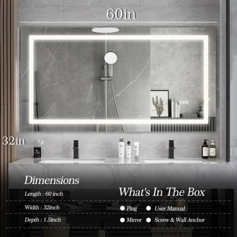 LED Bathroom Mirror 60x 32 Inch with lights, anti-Fog & Dimming Led Bathroom Vanity Mirror