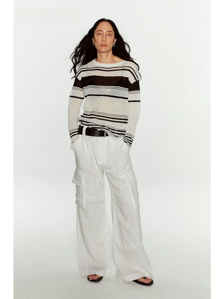 

ISSI Official Light Transparent Linen Blend Long Sve Striped Top Color Blo Design Women's Classic Sle Cotton Polyester...