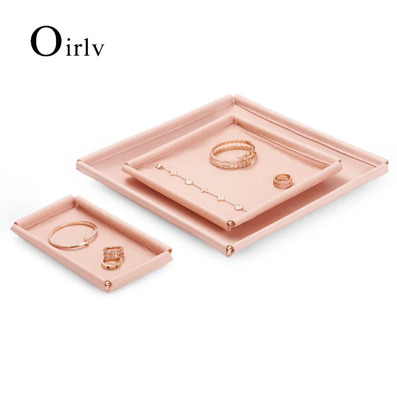 Oirlv Pink PU Leather Jewelry Display Trays with Metal Jewelry Storage Pallet Women Dresser Organizer Tray for Bangle Ring