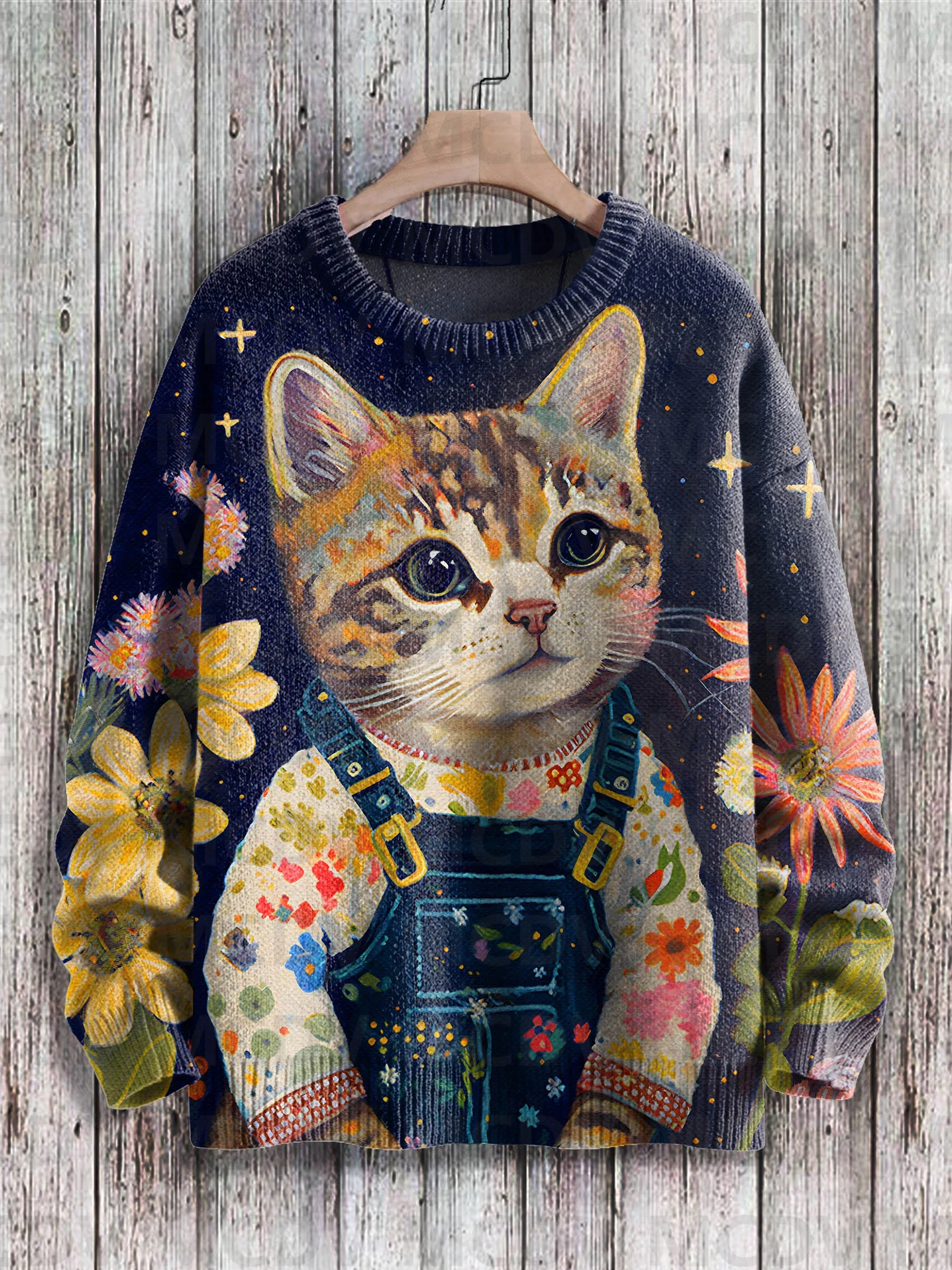 Cute Oil Painting Flowers Cat Art Print Knit Pullover Sweater Women For Men Sweater