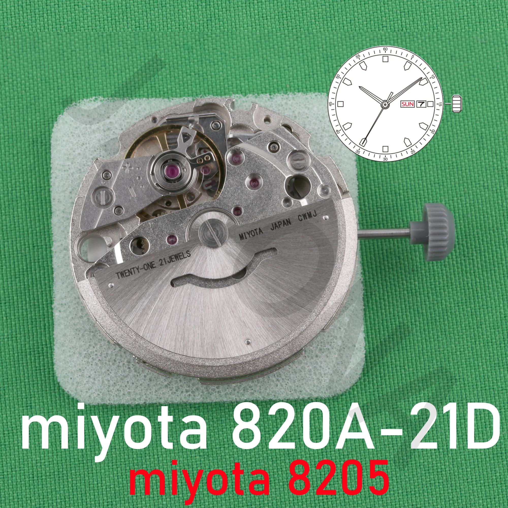 8205 movement silver miyota 820a-21d MIYOTA’s signature standard mechanical movement 3 hands with date/day at 3o\'c 8205 820a 820