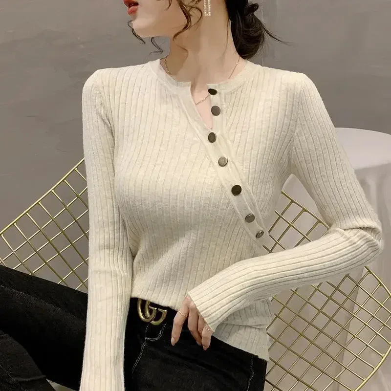 بلوزة كورية عصرية برقبة دائرية وأزرار ملابس نسائية لخريف 2022 بلوفرات غير رسمية جديدة تناسب كل مباراة قميص سيدة المكتب