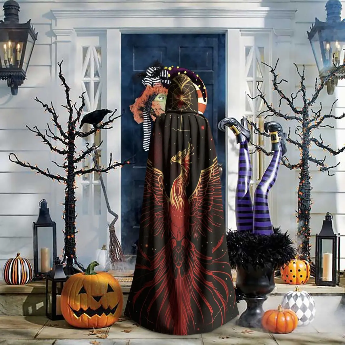 فينيكس الطيور الأسطورية مع أجنحة الناري عباءة طويلة مقنعين الساحرة القرون الوسطى زي تأثيري كيب هالوين مصاص دماء الكبار للجنسين