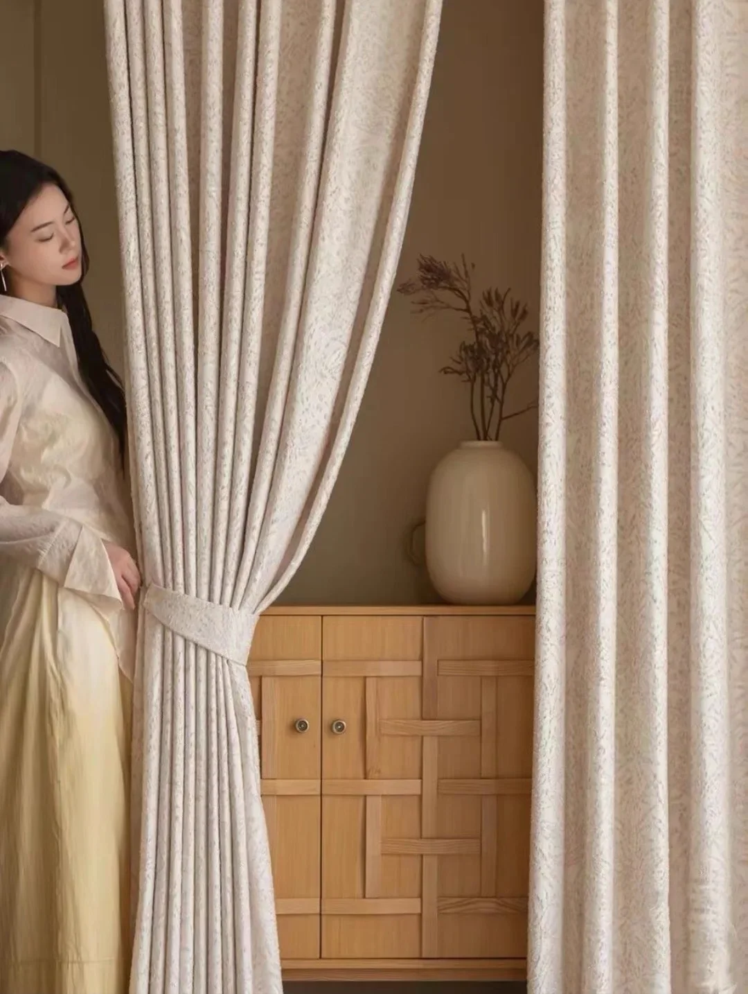 Custom Size Albizia Floral Embossed Jacquard Curtains High‑end Cotton and Linen Woven Living Room Bedroom Semi Blackout Decor