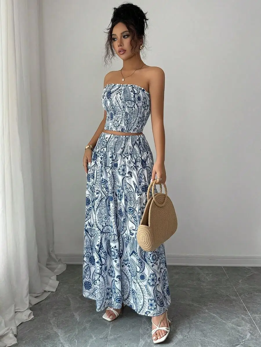 Allover-Print, trägerlos, lässig, elegant, Strandhochzeit, 2-teiliges Set (Oberteil und Rock), Sommer – Detail 6