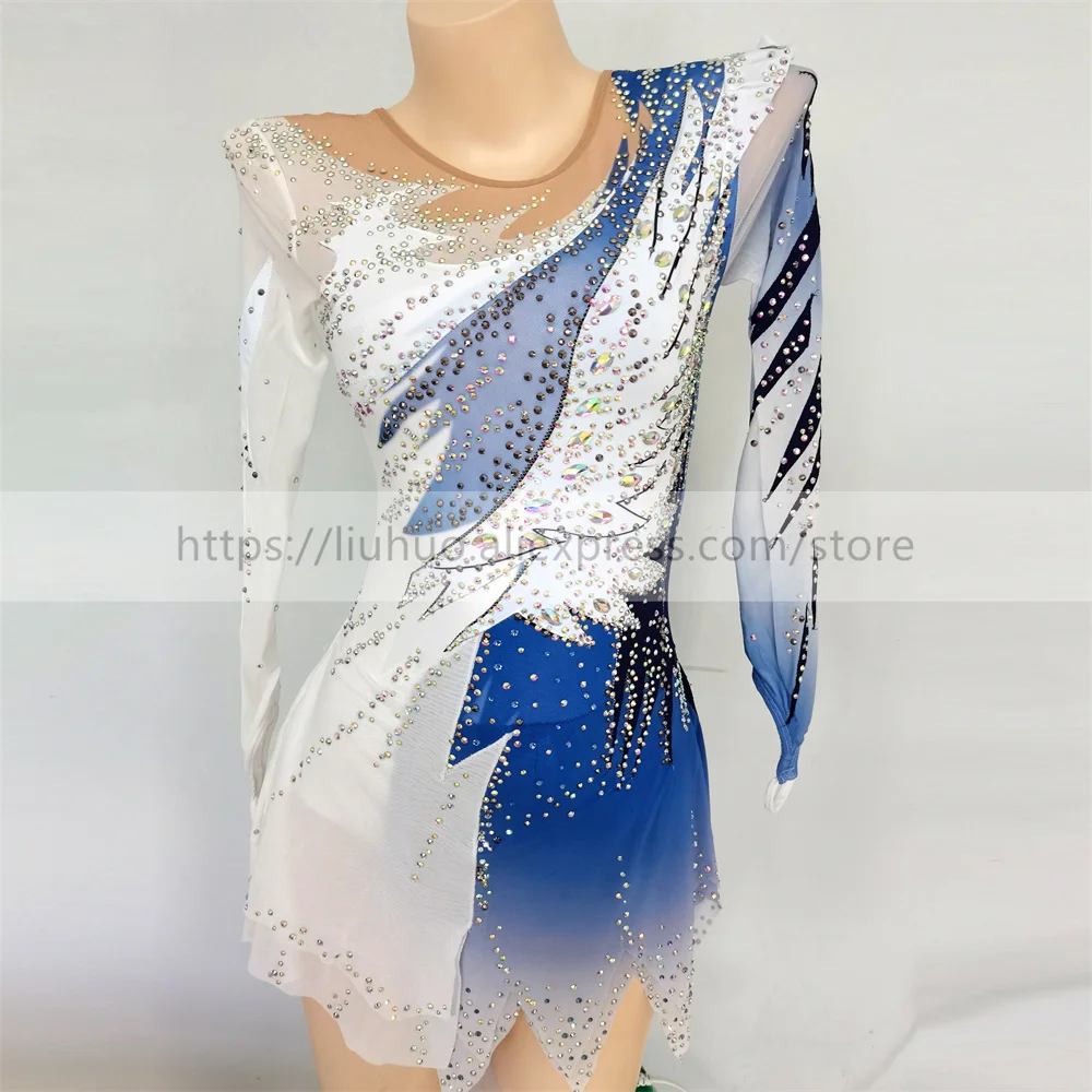 LIUHUO Women Aldult Girl Customize Costume Performance Competition Leotard Ice Figure Skating Dress Roller Gradient Blue White