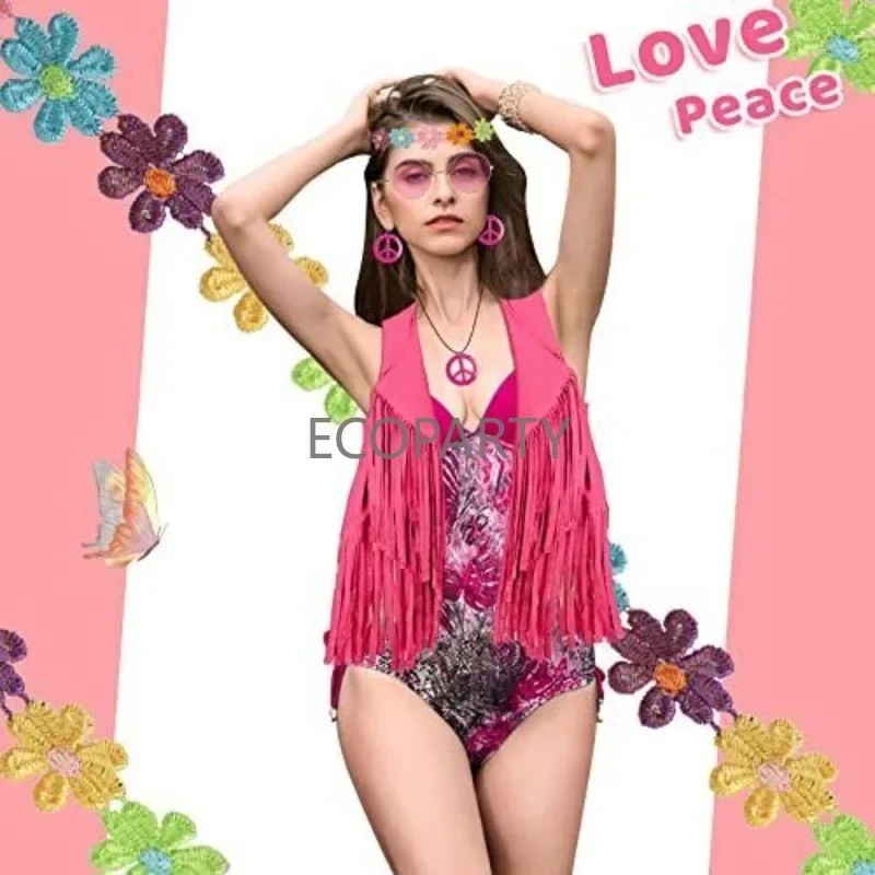 2023 New Autumn 60s 70s Outfits for Women Hippie Costume Set Peace Sign Earring Headband Necklace Sunglasses Five Piece Set