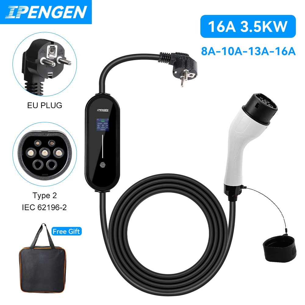 

IPENGEN 3.5KW 16A EV Portable Charger Type2 EVSE Charging Box Electric Car Charger J1772 Type1 GBT 5M Electric Vehicle Charger