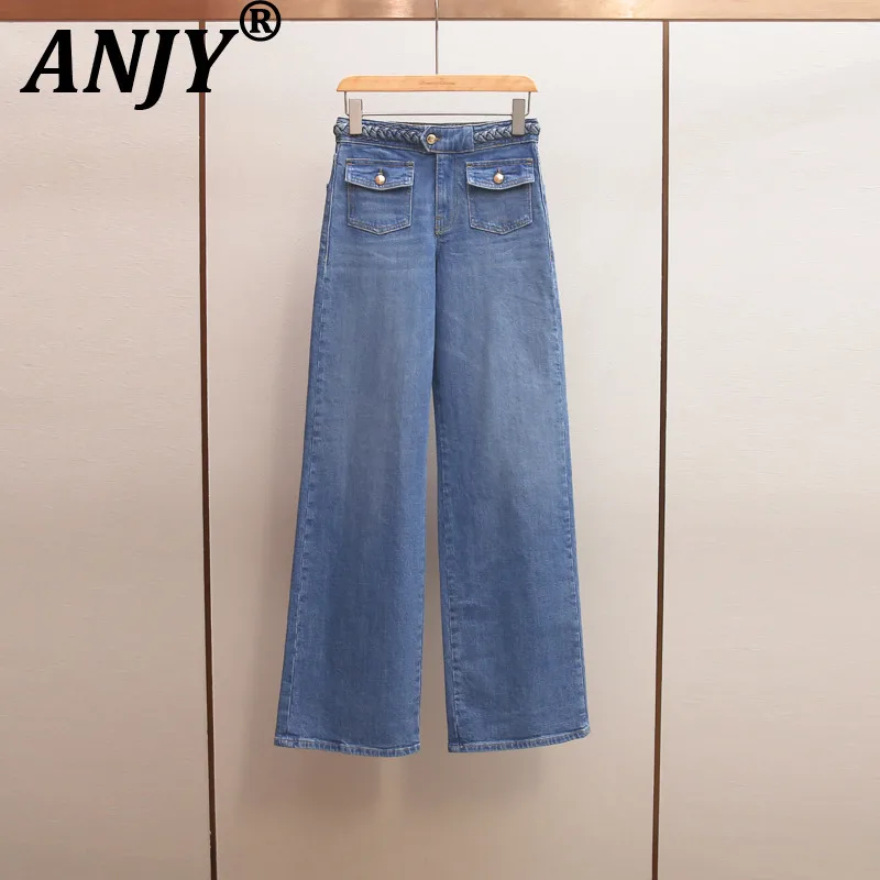 

ANJY Spring Autumn New Women Stylish Korean Style Design Woven Slim Washed Straight Jeans Trend Fashion Niche Denim Pants A20598