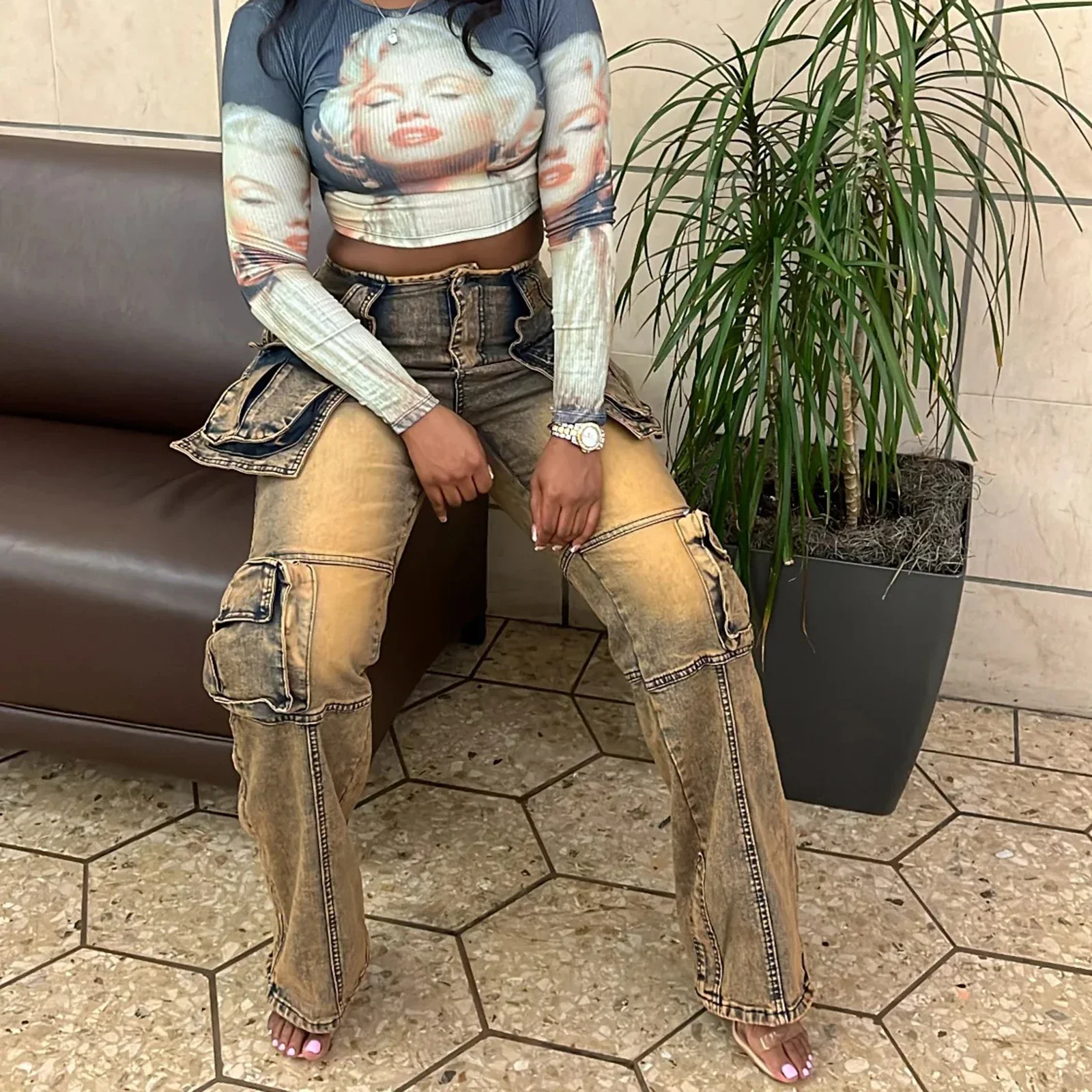 Celana Jeans Wanita Vintage Distressed Model Cargo Panjang Se-mata Kaki dengan Sambungan, Kantong Denim, Pinggang Tinggi, Streetwear, Longgar