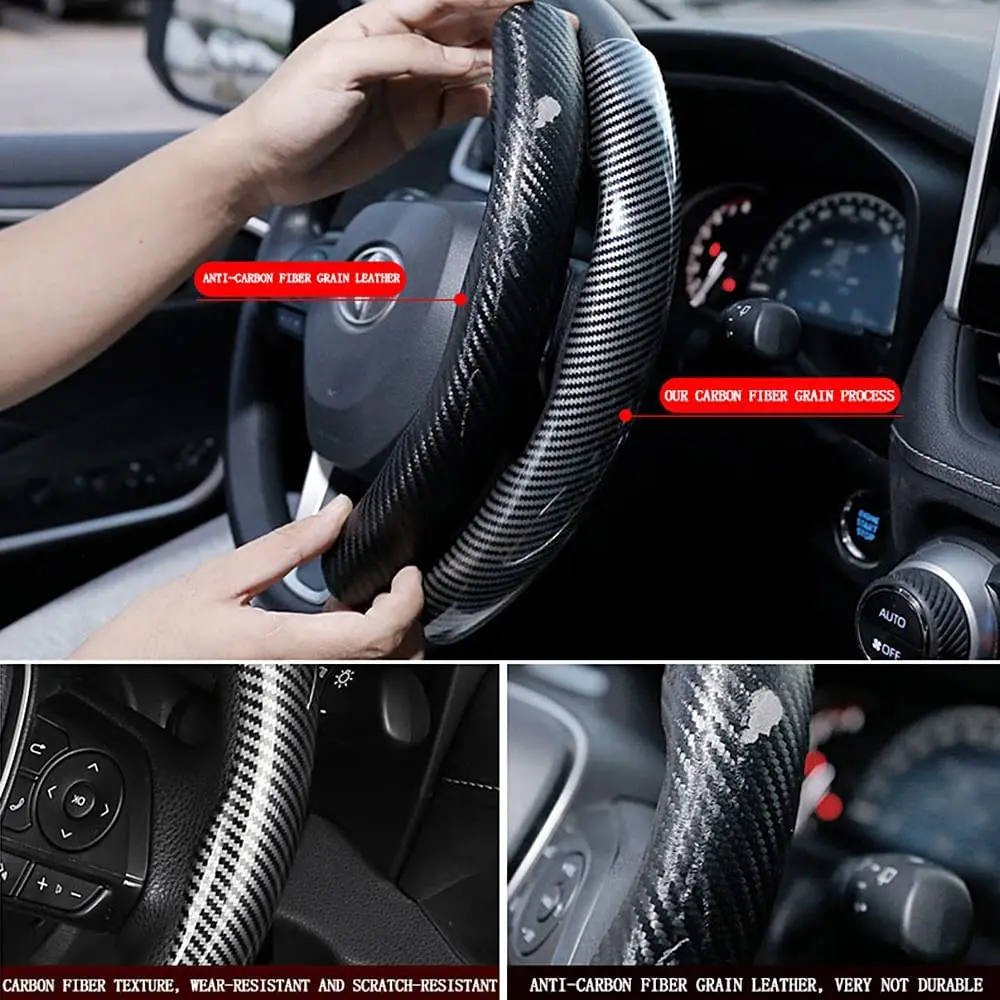 New Carbon Fiber Non Slip Steering Wheel Cover Segmented Steering Wheel Protector Universal Standard-Size 14 1/2\