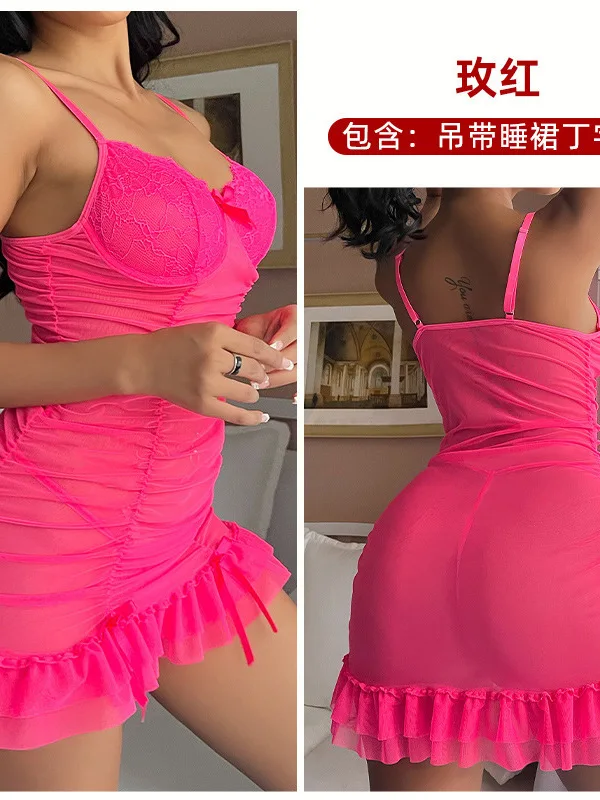 2024 Nightclub Women's Sexy Pajamas Perspective Wrinkle Straps Sleeping Dress Elegant Mesh Lace Transparent Tank Mini Dress BVD8