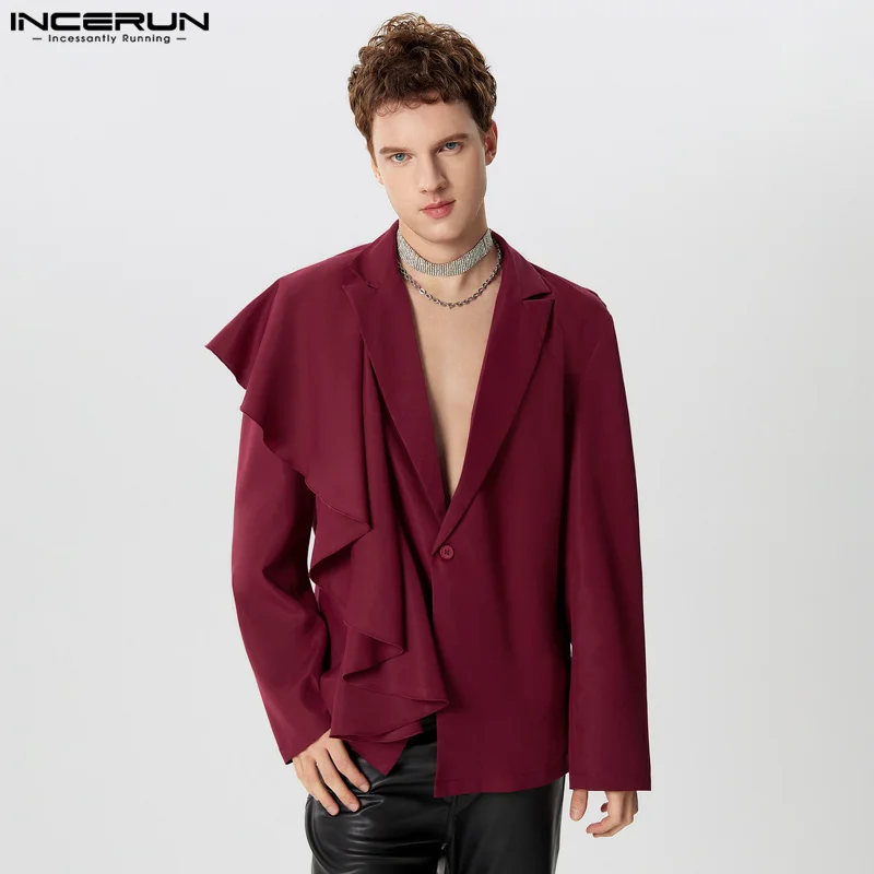 INCERUN Men Irregular Blazer Solid Color Lapel Long Sleeve One Button Casual Suits Men Streetwear Ruffle 2024 Fashion Thin Coats