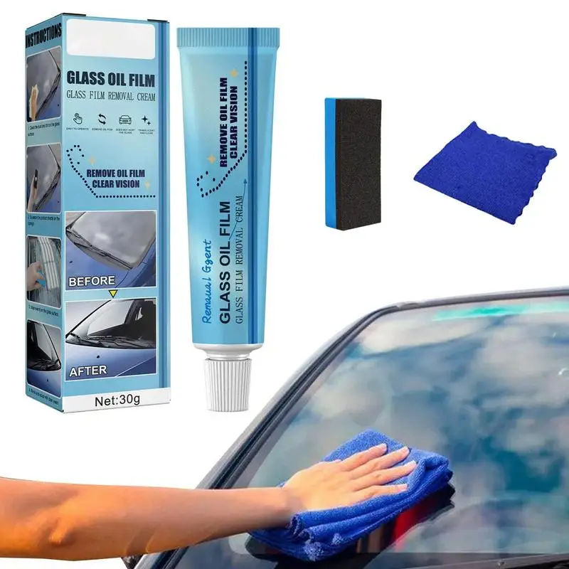 Car Glass Polishing Degreaser Cleaner Oil Film Clean Polish Paste For Bathroom Window Windshield Windscreen With Sponge Cloth