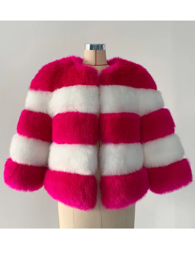 

ZADORIN Mix Color 3/4 Sleeve Furry Striped Parka Winter Warm Women Fluffy Faux Fur Coat Vintage Fake Fur Jacket Lady Outerwear