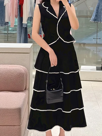 

Spring 2026 Pearl Trimmed Suit Collar Sleeveless Top Layered Skirt Women's Set Fashionable Short Length Spring Collection