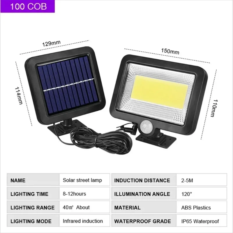 COB LED Solar Powered Light Sensor de movimento PIR ao ar livre Luz solar impermeável Wall Emergency Lâmpada de segurança de rua para jardim