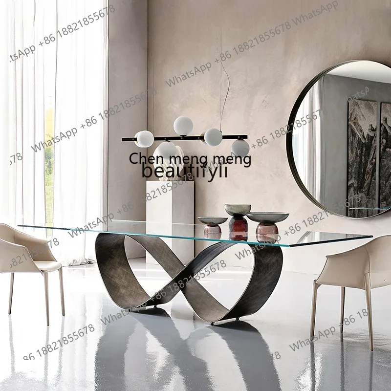 Italian light luxury rock slab dining table villa living room modern minimalist rectangular tempered glass dining table2936