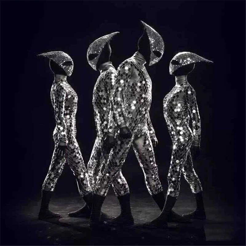 민속 무용 실버 미러 글라스 무대 의상 여성 미러 의상 파티 코스프레 의상 로봇 남성 슈트